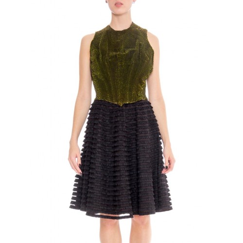 MORPHEW ATELIER  Green Silk Cotton Velvet Dress With Ruffled Tulle Skirt