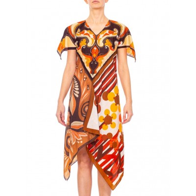 MORPHEW COLLECTION Brown & Orange Polyester Psychedelic Print Scarf Dress