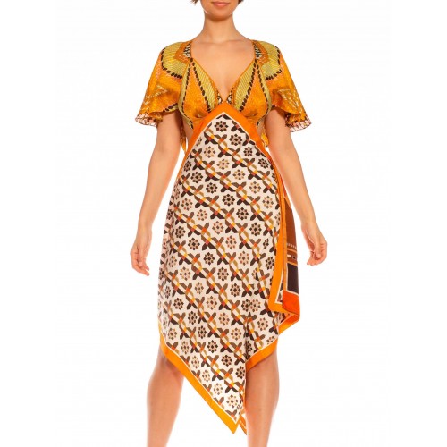 MORPHEW COLLECTION Orange, White & Brown Silk Twill Dots Geometric Print 3-Scarf Dress Made From Vintage Scarves