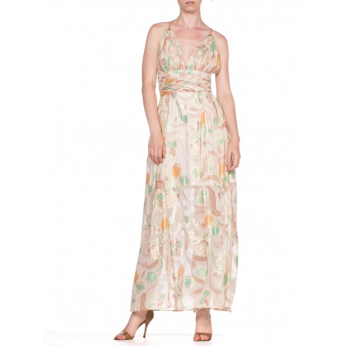 MORPHEW ATELIER Hand Painted Silk Lurex Fil Coupé  Chiffon Gown With Gold Chain Straps