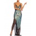 MORPHEW ATELIER Blue Bias Cut Silk Metal Gold Lamé Gown With Antique Fringe