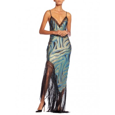 MORPHEW ATELIER Blue Bias Cut Silk Metal Gold Lamé Gown With Antique Fringe